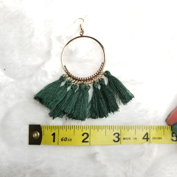 Boho Tassel Statement Earrings Moss Green Festival - Picture 4 of 8